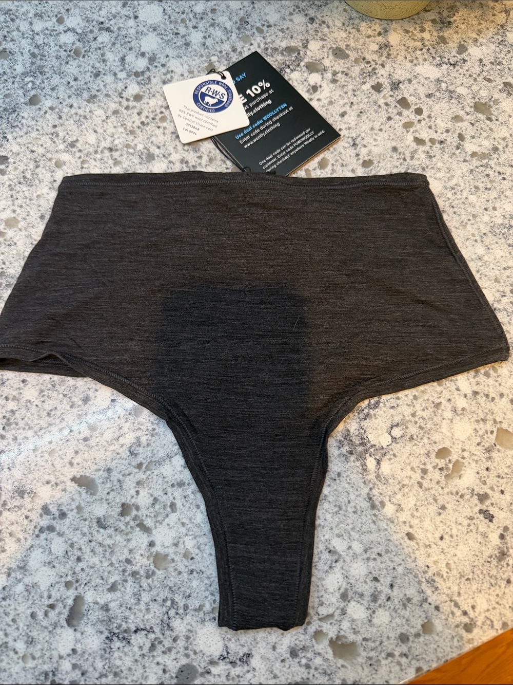 Woolly Everyday Merino High-Waist Thong Underwear in Charcoal Grey Large New